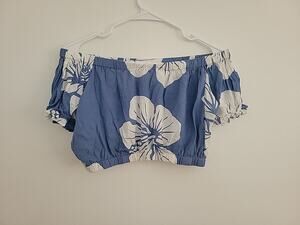 Turks And Caicos Off The Shoulder Floral Crop Top Womens Medium Blue White Puff